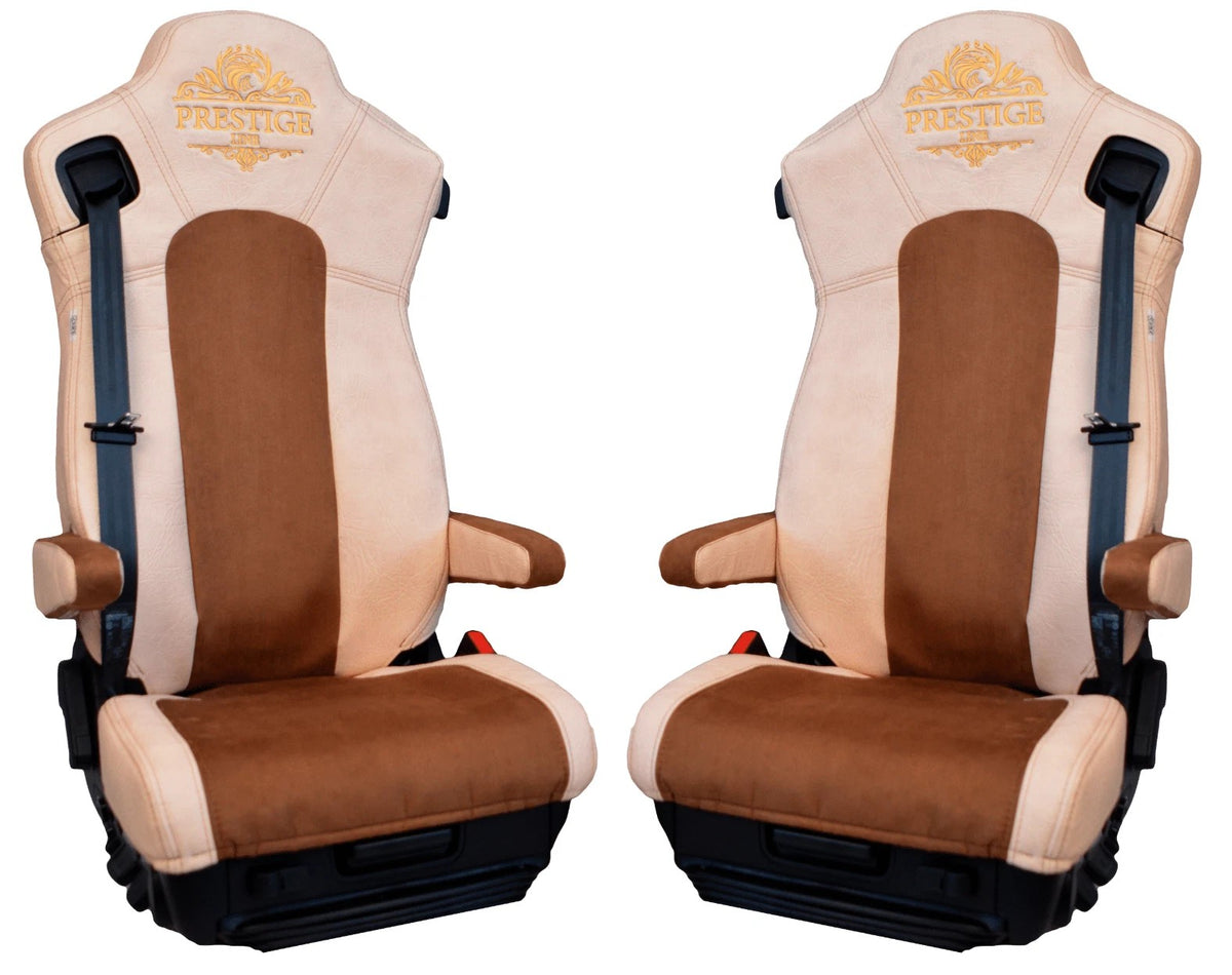 IVECO S-WAY ab 2019 Sitzbezüge – Fliegersitze mit 2 Gurten | Beige Kunstleder / Brauner Velours