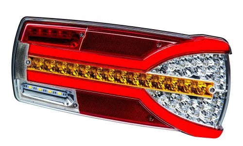 LED-Lampe mit 6 Funktionen, 304 x 132 mm, Carmen, rechts, 12/24 V, 150 cm Kabel, Position (Neon), Blinker/Bremslicht/Nebelscheinwerfer/Rückfahrscheinwerfer/Kennzeichenhalter (LED), dynamischer Blinker, weiße Bremsleuchte