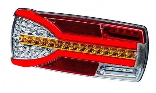 LED-Lampe mit 6 Funktionen, 304 x 132 mm, CARMEN, links, 12/24 V, 150 cm Kabel, Position (Neon), Blinker/Bremslicht/Frontscheinwerfer/Rückfahrscheinwerfer/Kennzeichenhalter (LED), dynamischer Blinker, weiße Bremsleuchte