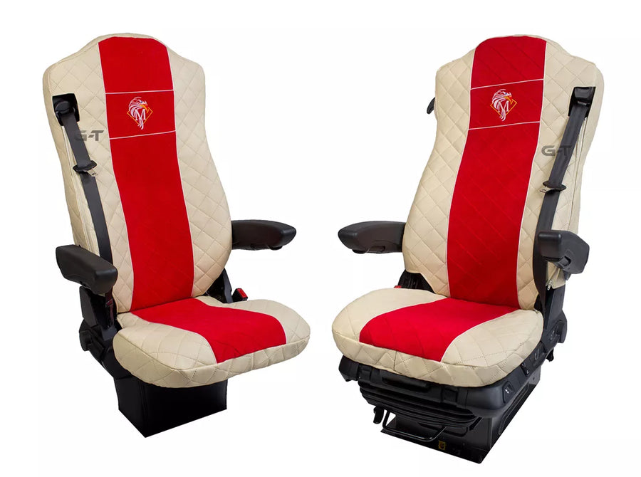 SITZHÜLLEN MB ACTROS 4 1+1,2 GURTE 2011- (BEIFAHRERSITZ N/GEFEDERT) BEIGES KUNSTLEDER/ROT CORD