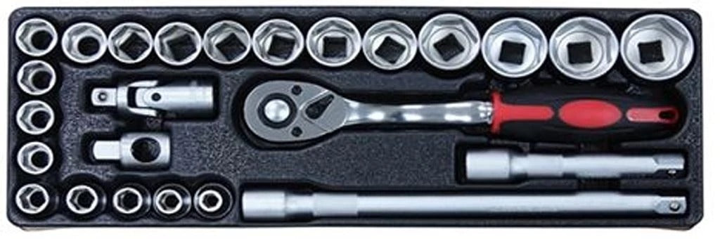 KPL. STECKSCHLÜSSEL 1/2" 25 TEILE 8-32MM MIT HALTER BELEGT 1/4 SCHUBLADE IM WERKZEUGWAGEN 25 TEILE